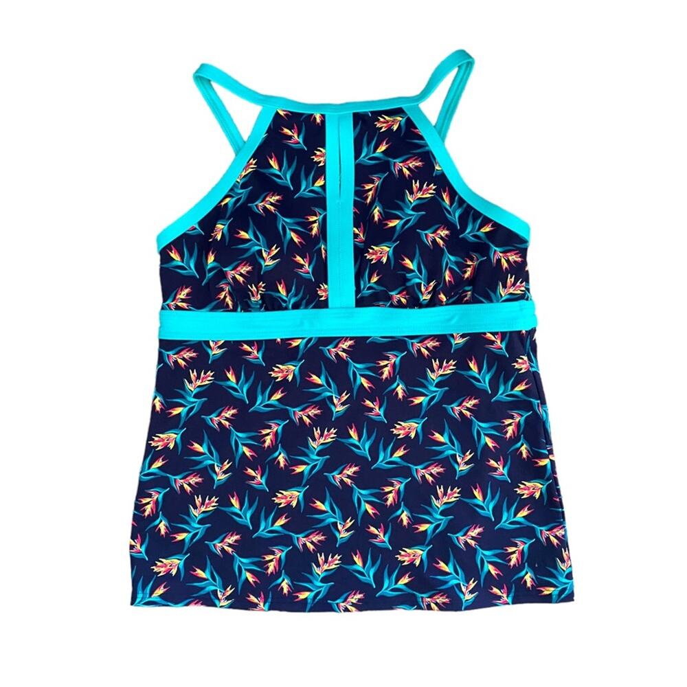 Lands’ End Tankini Swim Top SIZE 4 Blue Tropical High Neck